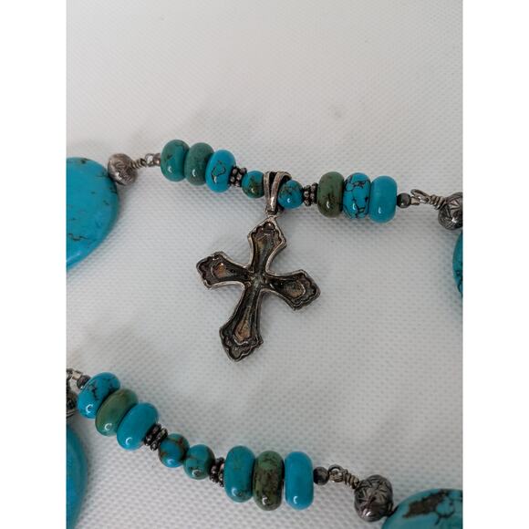 Large Oval Turquoise and Sterling Silver Cross Hook Belt Adjustable 48" Blue - Picture 10 of 12